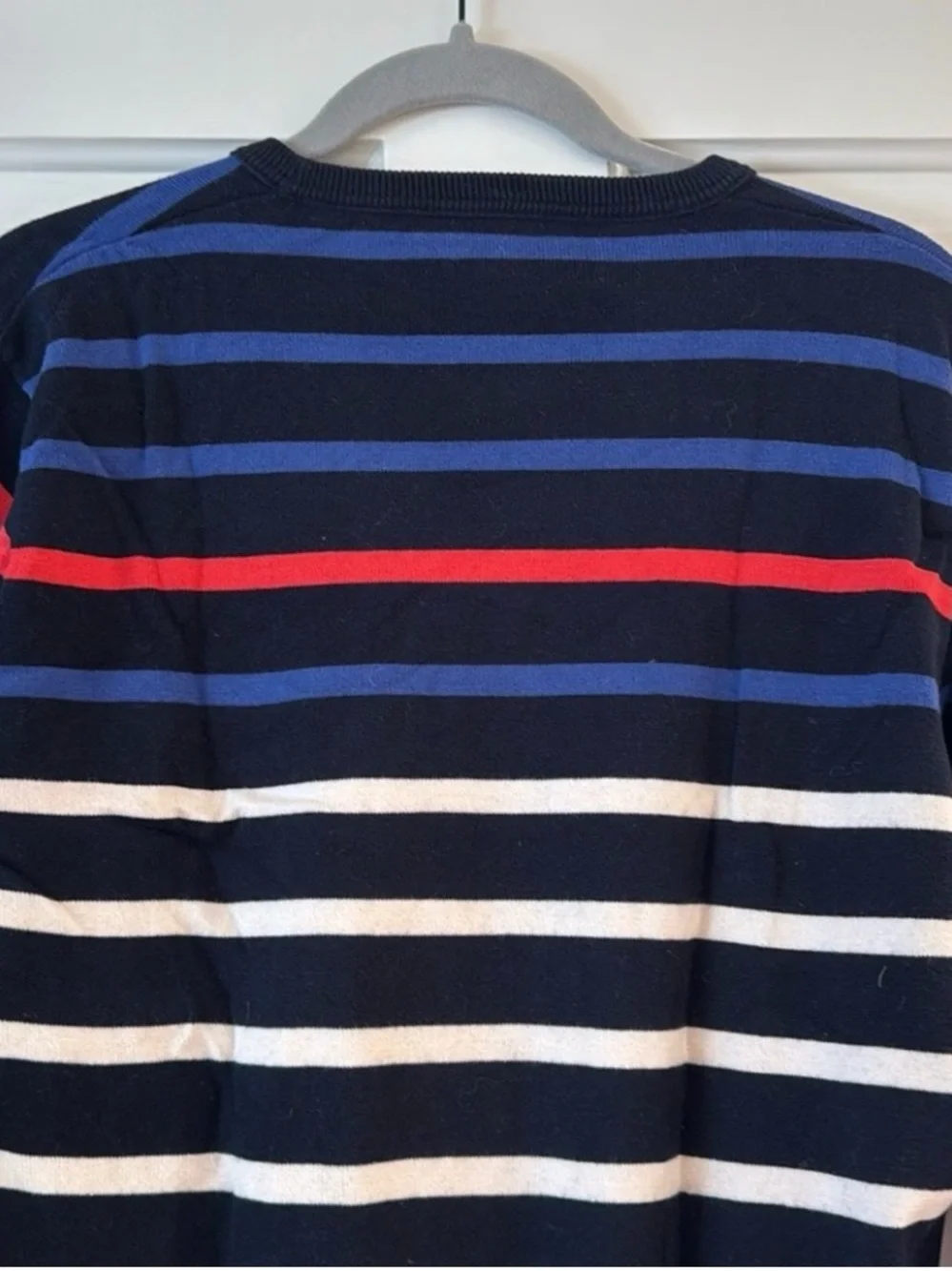 J. Crew Navy Striped Crewneck Sweater with Red & Blue Accents